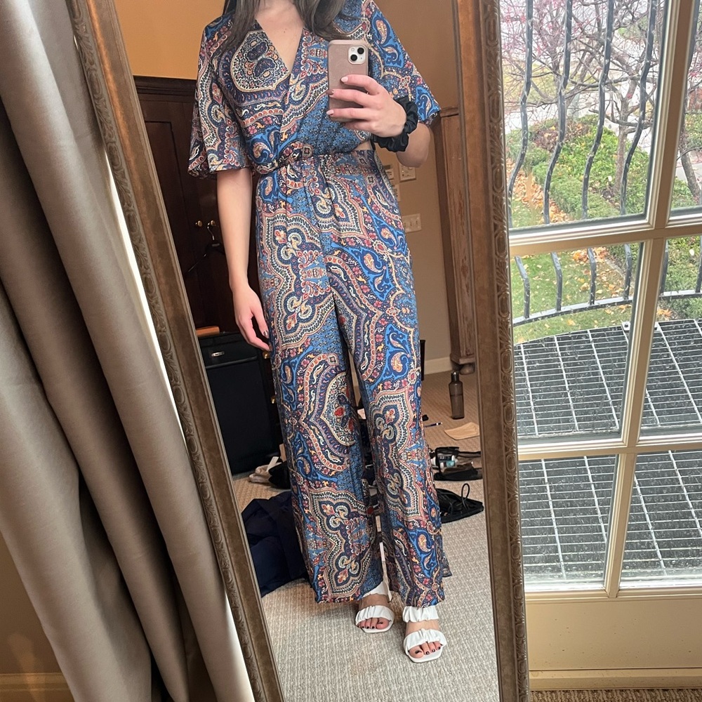 zara paisley silk jumpsuit with cut outs